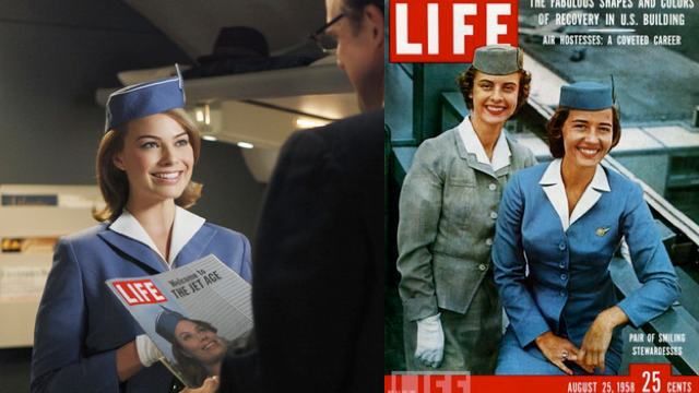 On the left, ABC's stewardess smiles next to her likeness on the cover of Life. On the right, an actual Life Magazine cover featuring a Pan Am stewardess.